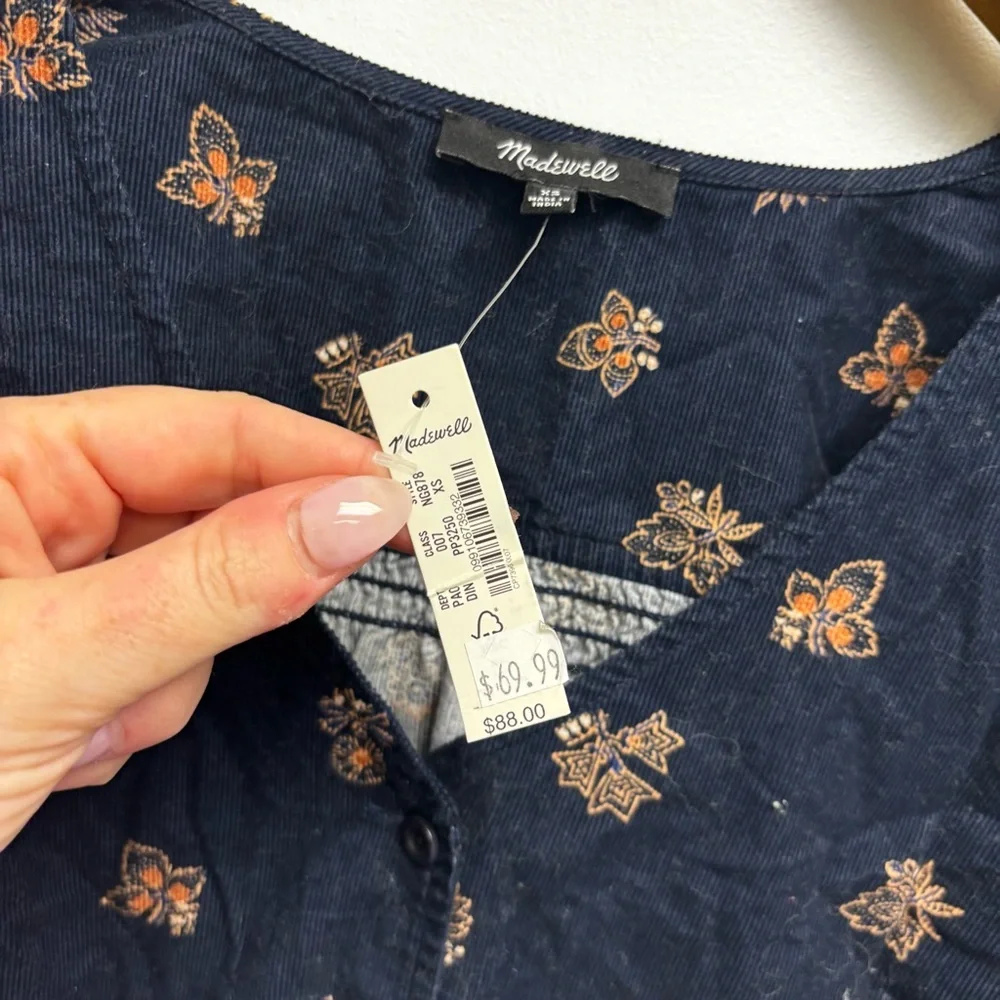 NWT Madewell Corduroy Bubble Sleeve Crop Shirt Britannica Blockprint